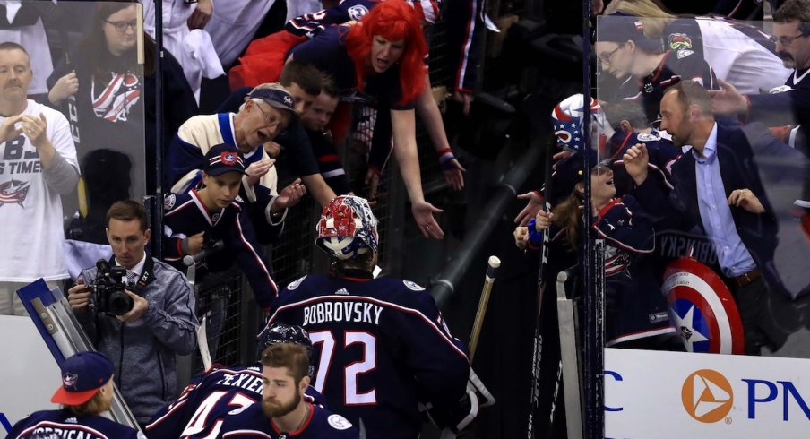  Columbus Blue Jackets goaltender Sergei Bobrovsky (72) acknowledges fans as he leaves the ice after being defeated by the Boston Bruins in game six of the second round of the 2019 Stanley Cup Playoffs at Nationwide Arena.