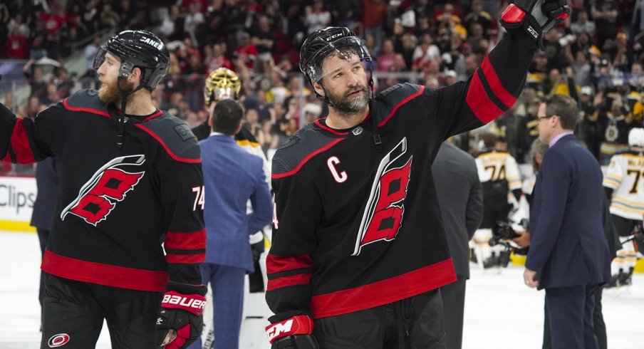 Carolina Hurricanes right wing Justin Williams (14) waves to the crowd after their loss to the Boston Bruins in game four of the Eastern Conference Final of the 2019 Stanley Cup Playoffs at PNC Arena. The Boston Bruins defeated the Carolina Hurricanes 4-0. 