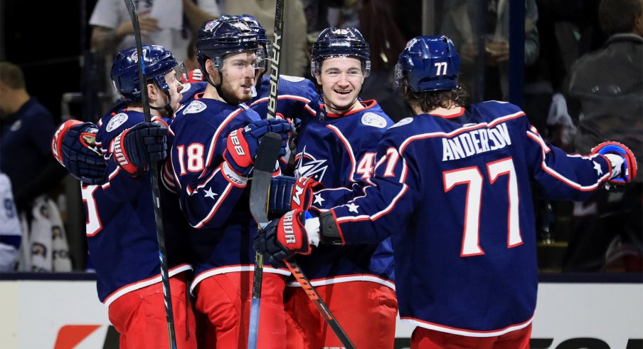 Apr 16, 2019; Columbus, OH, USA; Columbus Blue Jackets center Alexandre Texier (middle right) against the Tampa Bay Lightning in game four of the first round of the 2019 Stanley Cup Playoffs at Nationwide Arena.