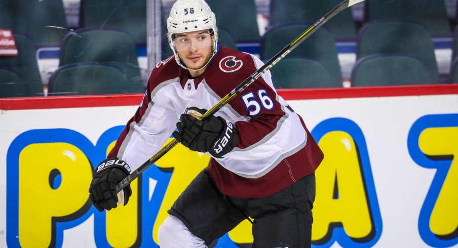 Nov 1, 2018; Calgary, Alberta, CAN; Colorado Avalanche center Marko Dano (56) skates against the Calgary Flames during the warmup period at Scotiabank Saddledome. 