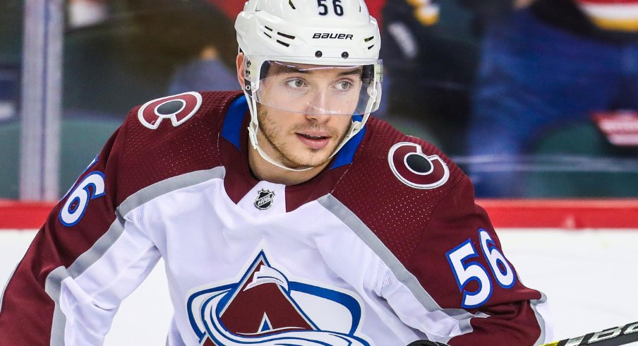 Colorado Avalanche center Marko Dano skates before a regular-season matchup with the Calgary Flames at the Scotiabank Saddledome in November of 2018.