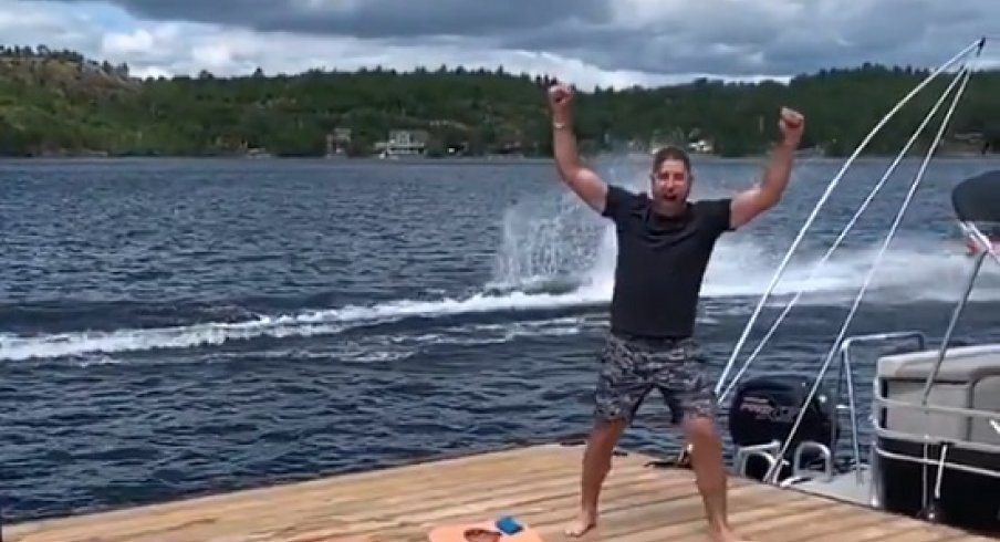 Brandon Dubinsky celebrates after throwing a perfect football to Josh Anderson.