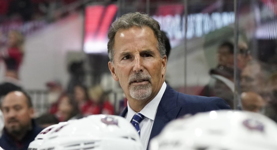 Columbus Blue Jackets head coach John Tortorella looks over his players during a game against the Carolina Hurricanes at PNC Arena in October of 2017.