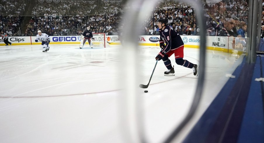 Columbus Blue Jackets defenseman Zach Werenski (8) against the Tampa Bay Lightning in game four of the first round of the 2019 Stanley Cup Playoffs at Nationwide Arena. 