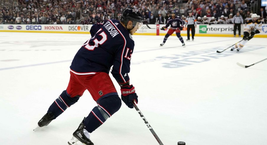 May 2, 2019; Columbus, OH, USA; Columbus Blue Jackets right wing Cam Atkinson (13) skates against the Boston Bruins in the first period during game four of the second round of the 2019 Stanley Cup Playoffs at Nationwide Arena.