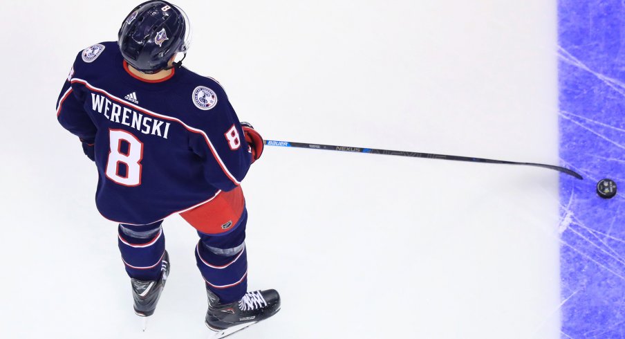 Feb 23, 2019; Columbus, OH, USA; Columbus Blue Jackets defenseman Zach Werenski (8) against the San Jose Sharks at Nationwide Arena.