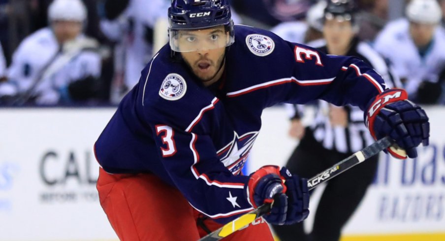 Columbus Blue Jackets defenseman Seth Jones makes a play at Nationwide Arena against the San Jose Sharks in February of 2019.