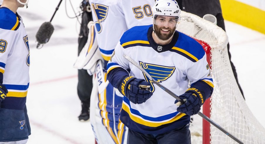 St. Louis Blues left wing Patrick Maroon (7) skates off the ice after being named the number one star in the win over the Dallas Stars in game three of the second round of the 2019 Stanley Cup Playoffs at American Airlines Center.