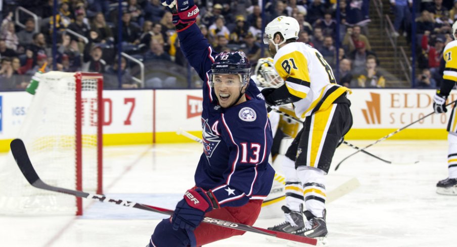 Columbus Blue Jackets forward Cam Atkinson celebrates after scoring a goal against the Pittsburgh Penguins at Nationwide Arena in March of 2019.