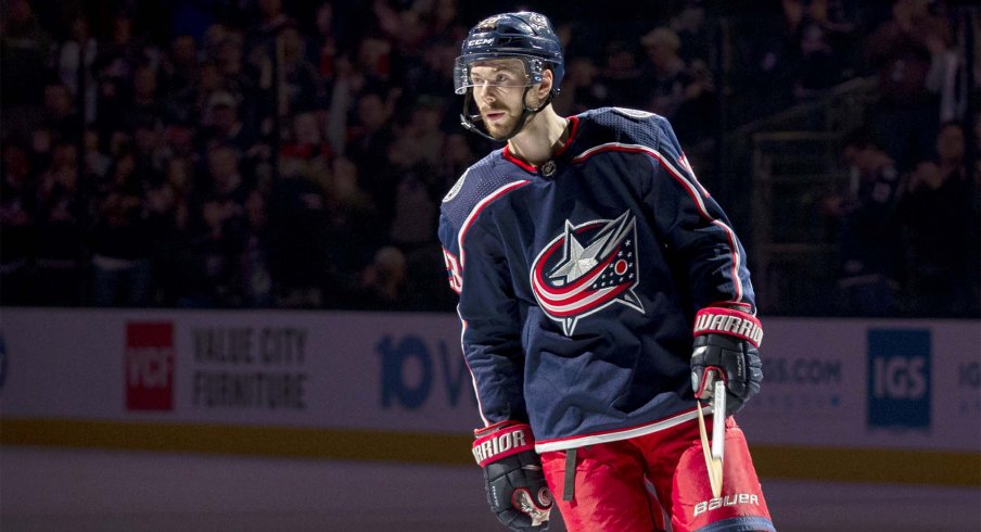 Mar 28, 2019; Columbus, OH, USA; Number 1 Star of the game Columbus Blue Jackets right wing Oliver Bjorkstrand (28) after the game against the Montreal Canadiens at Nationwide Arena.