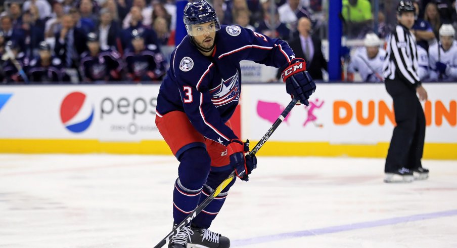 Apr 16, 2019; Columbus, OH, USA; Columbus Blue Jackets defenseman Seth Jones (3) against the Tampa Bay Lightning in game four of the first round of the 2019 Stanley Cup Playoffs at Nationwide Arena.