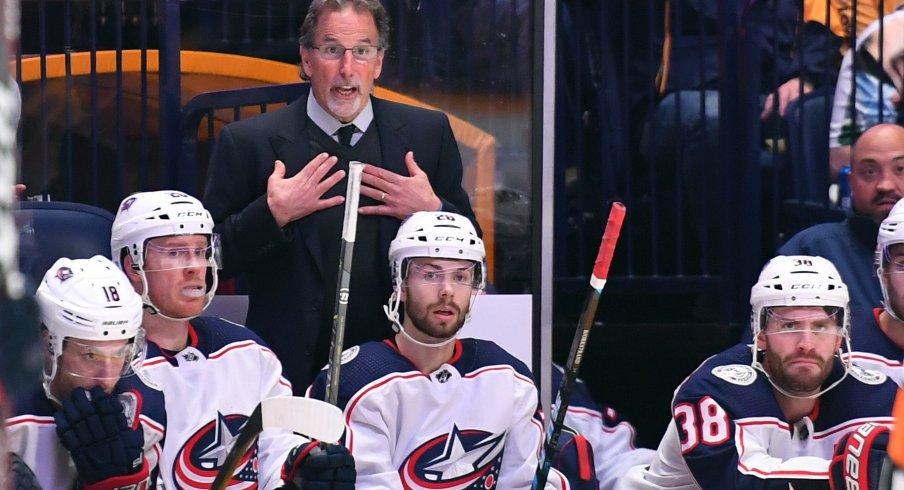 Mar 30, 2019; Nashville, TN, USA; Columbus Blue Jackets head coach John Tortorella questions a call from the bench during the second period against the Nashville Predators at Bridgestone Arena.