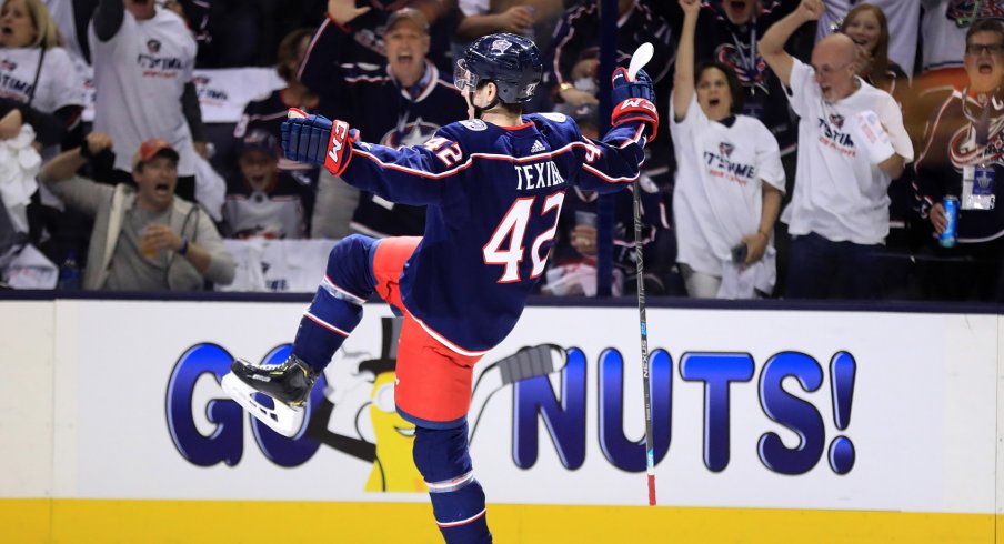 Columbus Blue Jackets center Alexandre Texier (42) against the Tampa Bay Lightning in game four of the first round of the 2019 Stanley Cup Playoffs at Nationwide Arena.