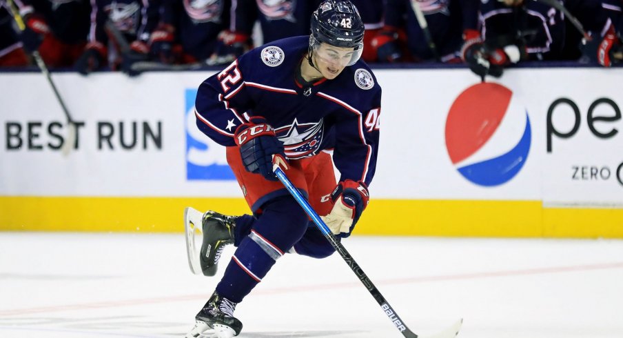 Apr 16, 2019; Columbus, OH, USA; Columbus Blue Jackets center Alexandre Texier (42) against the Tampa Bay Lightning in game four of the first round of the 2019 Stanley Cup Playoffs at Nationwide Arena.