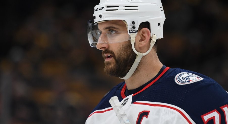 Nick Foligno looks on against the Boston Bruins