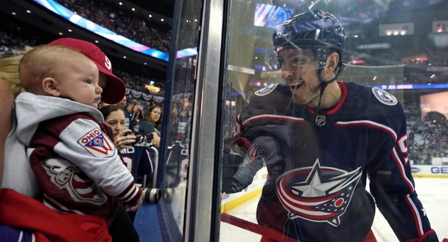 May 2, 2019; Columbus, OH, USA; Columbus Blue Jackets center Matt Duchene (95) reacts to his wife and son prior to game four against the Boston Bruins in the second round of the 2019 Stanley Cup Playoffs at Nationwide Arena.