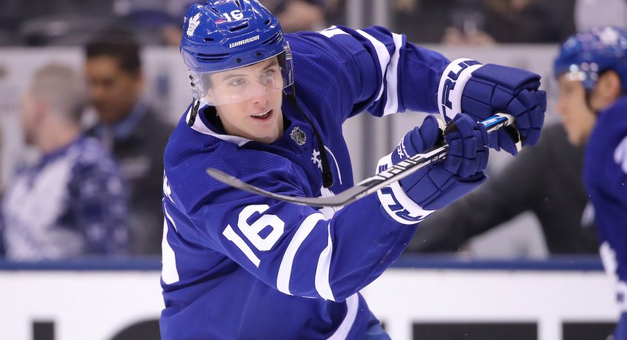 Toronto Maple Leafs forward Mitch Marner skates during warm-ups before a game at Scotiabank Arena.