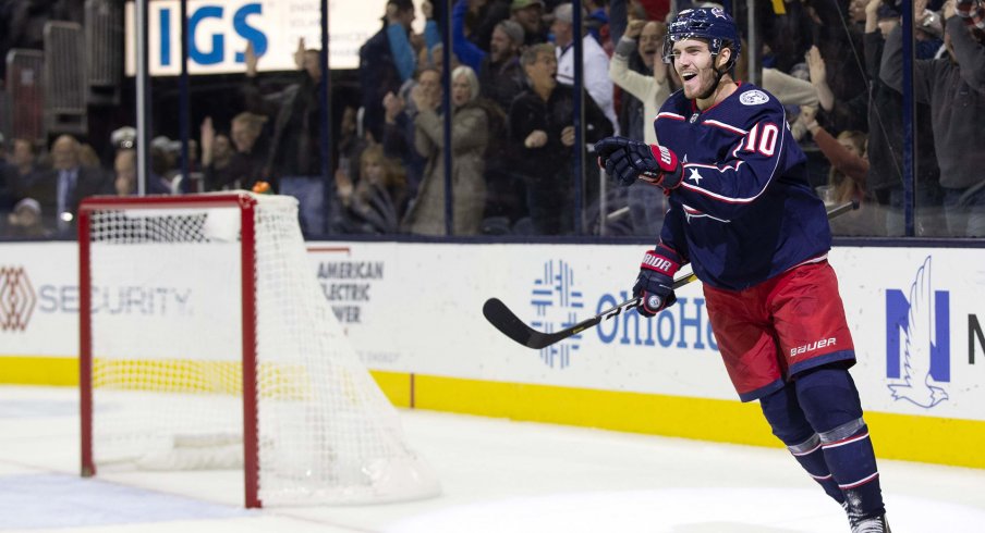 Columbus Blue Jackets center Alexander Wennberg (10) celebrates a short hand goal during the second period in the game against the New York Rangers at Nationwide Arena.