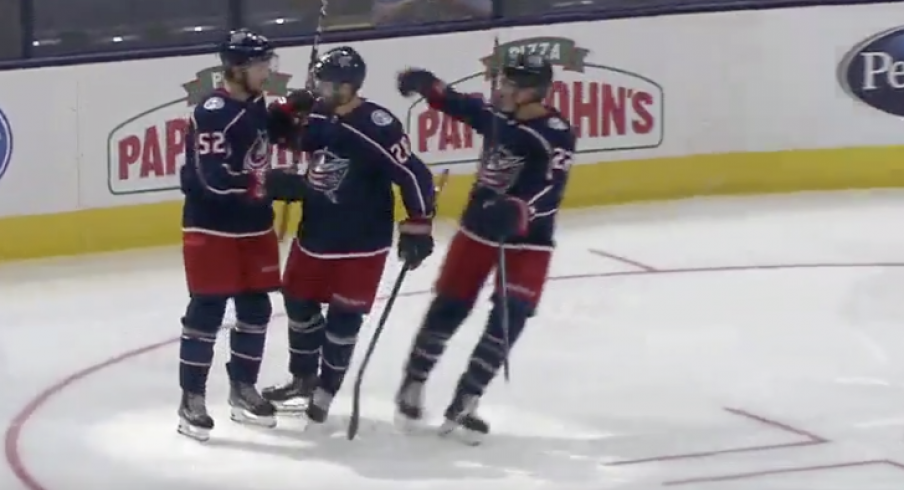 Columbus Blue Jackets forward Emil Bemstrom celebrates a power play goal against the Buffalo Sabres at Nationwide Arena.