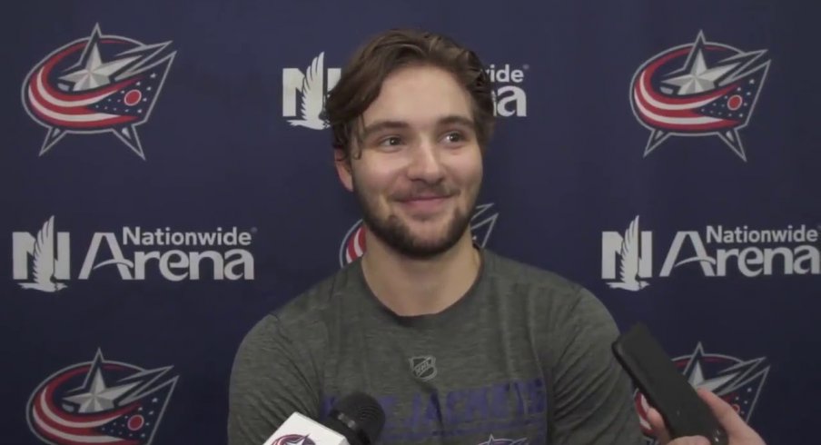 Columbus Blue Jackets forward Emil Bemstrom meets with the media prior to the team's second preseason game in September of 2019.
