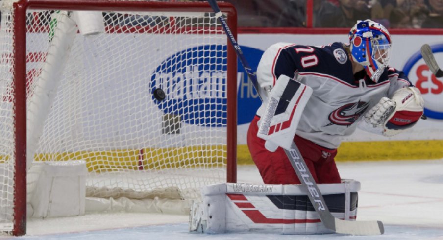 Columbus Blue Jackets goaltender Joonas Korpisalo is pictured making a save against the Ottawa Senators during the 2019 regular-season finale.