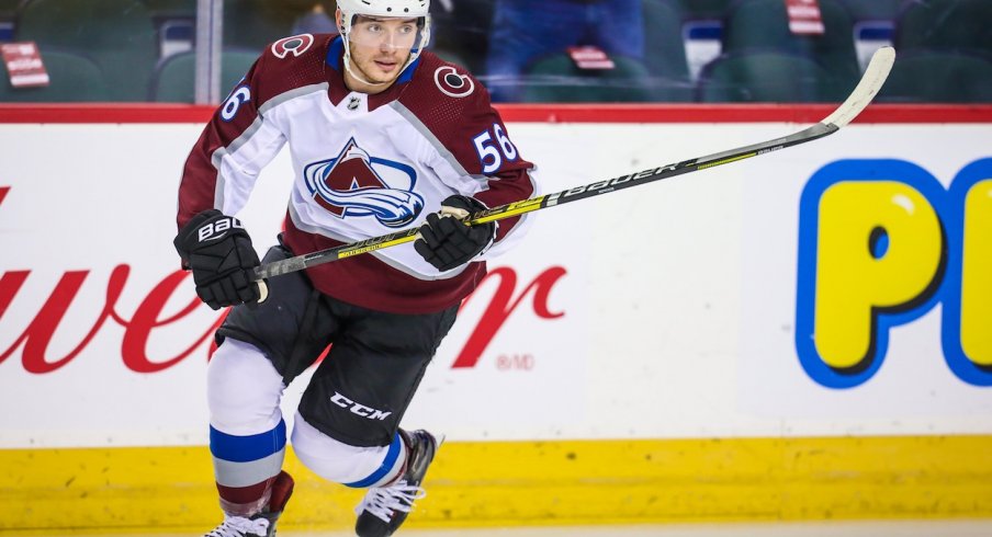 Colorado Avalanche center Marko Dano (56) skates during the warmup period against the Calgary Flames at Scotiabank Saddledome. 