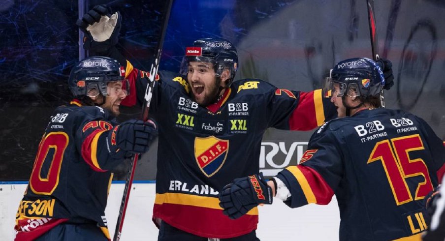 Emil Bemstrom celebrates a goal with Jacob Lilja 