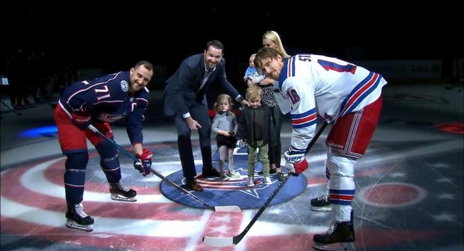 Columbus Blue Jackets legend Rick Nash drops the puck before a game against the New York Rangers at Nationwide Arena.