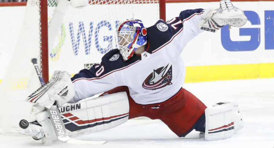 Columbus Blue Jackets goaltender Joonas Korpisalo makes a save in a regular-season matchup against the Washington Capitals at Capital One Arena in January of 2019.