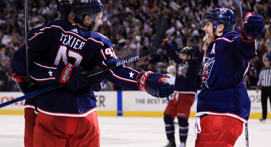 Alexandre Texier and Cam Atkinson celebrate a goal during the first round sweep of the Tampa Bay Lightning last season.