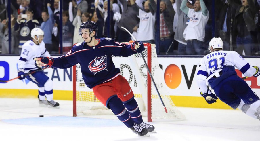 Apr 16, 2019; Columbus, OH, USA; Columbus Blue Jackets center Alexandre Texier (42) celebrates scoring an empty-net goal against the Tampa Bay Lightning in the third period during game four of the first round of the 2019 Stanley Cup Playoffs at Nationwide Arena.