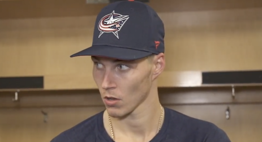 Columbus Blue Jackets goaltender Elvis Merzlikins speaks with reporters after a 7-2 loss in Pittsburgh.