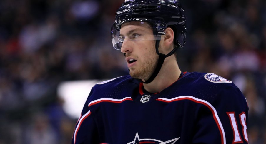 Columbus Blue Jackets center Pierre-Luc Dubois (18) against the Tampa Bay Lightning at Nationwide Arena.