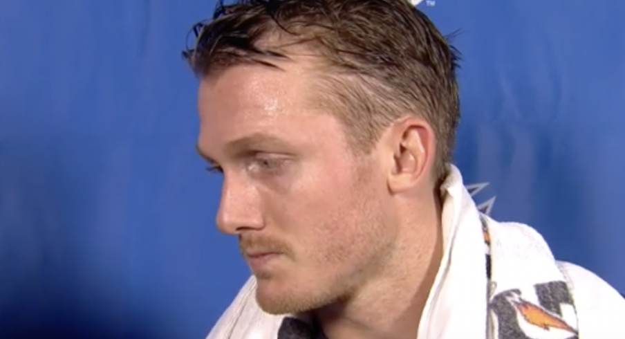 Columbus Blue Jackets forward Gus Nyquist speaks with FSO after a game against the Anaheim Ducks.