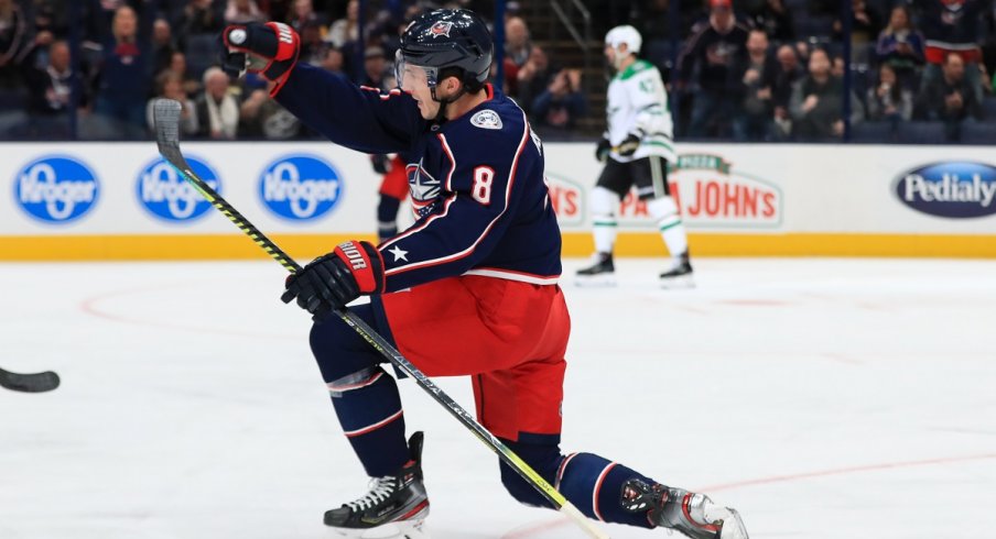 Zach Werenski celebrates his 40th career goal