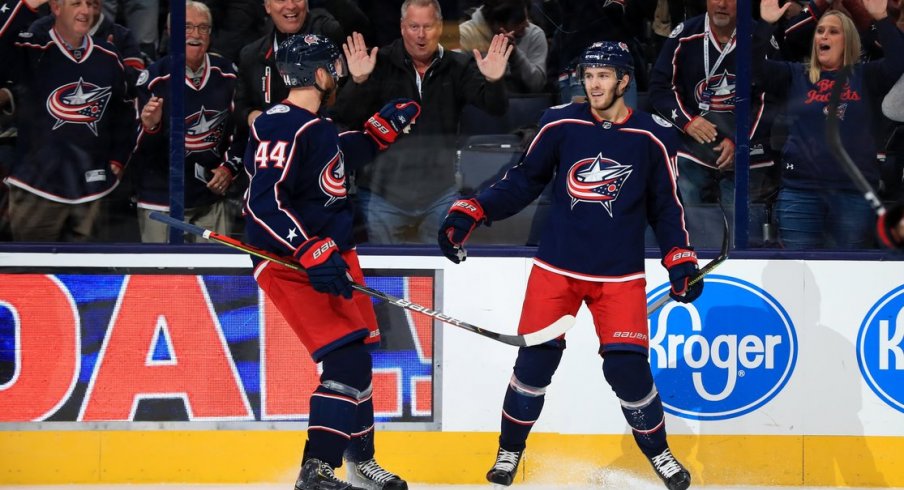 Columbus Blue Jackets center Alexander Wennberg celebrates a goal scored against the Dallas Stars at Nationwide Arena.