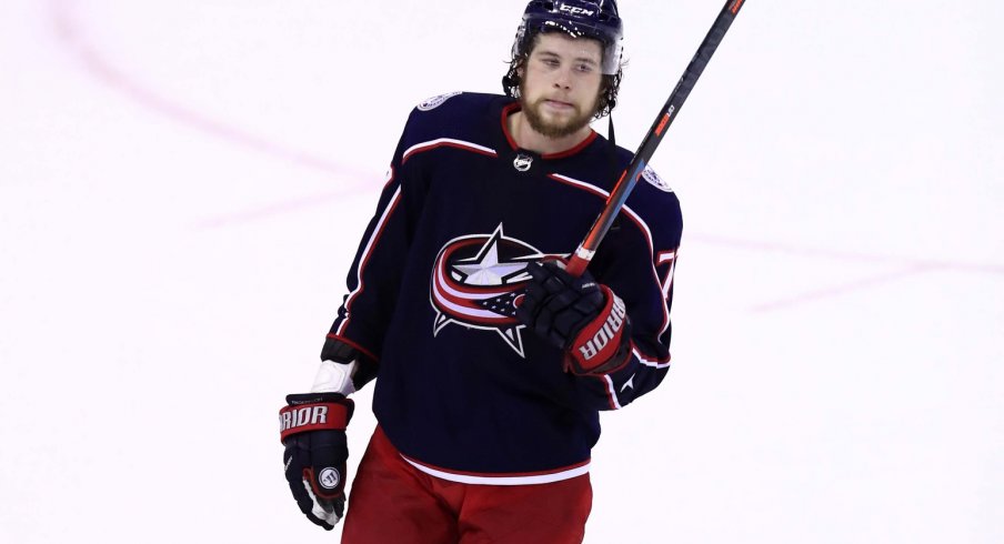 Columbus Blue Jackets right wing Josh Anderson (77) waves to fans after being defeated by the Boston Bruins in game six of the second round of the 2019 Stanley Cup Playoffs at Nationwide Arena