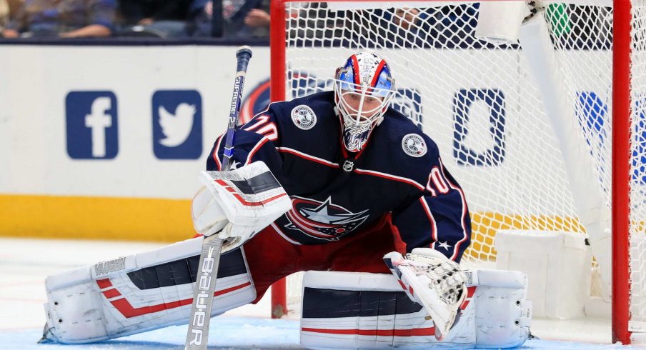 Oct 16, 2019; Columbus, OH, USA; Columbus Blue Jackets goaltender Joonas Korpisalo (70) dives to make a save in net against the Dallas Stars in the second period at Nationwide Arena.