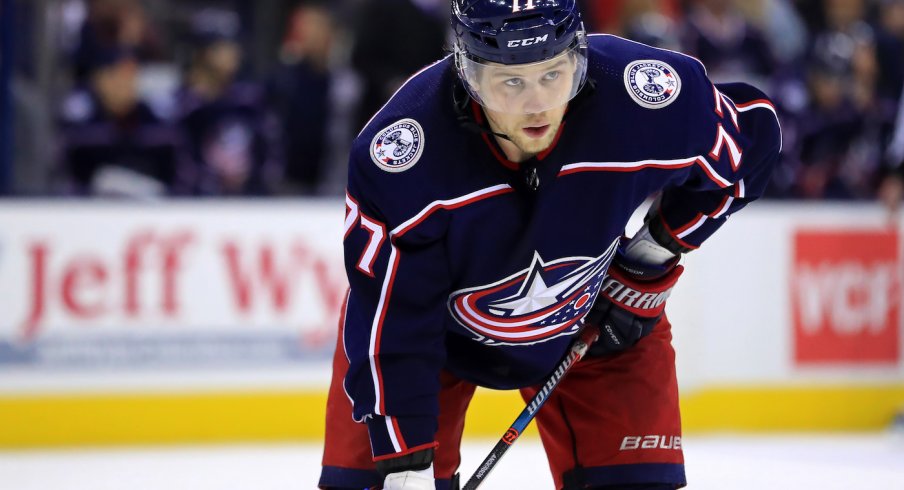 Columbus, OH, USA; Columbus Blue Jackets right wing Josh Anderson (77) against the San Jose Sharks at Nationwide Arena.