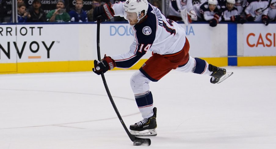 Oct 21, 2019; Toronto, Ontario, CAN; Columbus Blue Jackets forward Gustav Nyquist (14) scores the game wiining goal against the Toronto Maple Leafs on a penalty shot at Scotiabank Arena. Columbus defeated Toronto in overtime. Mandatory Credit: John E. Sokolowski-USA TODAY Sports