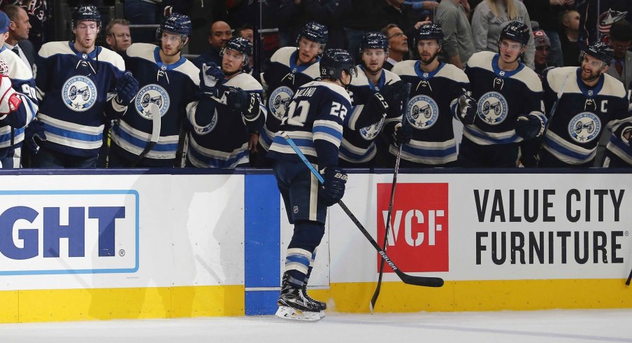 Oct 24, 2019; Columbus, OH, USA; Columbus Blue Jackets left wing Sonny Milano (22) celebrates a goal against the Carolina Hurricanes during the second period at Nationwide Arena.