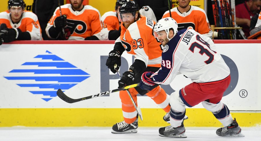 Oct 26, 2019; Philadelphia, PA, USA; Philadelphia Flyers right wing Jakub Voracek (93) and Columbus Blue Jackets center Boone Jenner (38) battle for the puck during the first period at Wells Fargo Center. Mandatory Credit: Eric Hartline-USA TODAY Sports