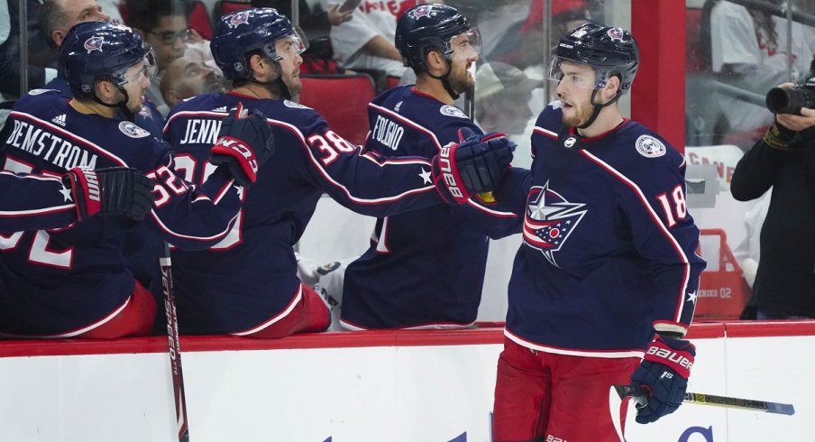 Pierre-Luc Dubois celebrates after a goal