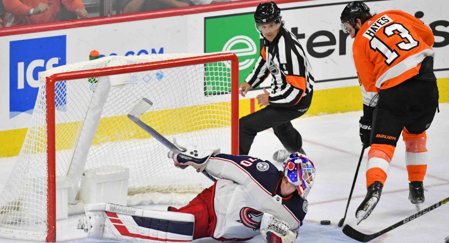 Oct 26, 2019; Philadelphia, PA, USA; Philadelphia Flyers right wing Kevin Hayes (13) scores a short-handed goal past Columbus Blue Jackets goaltender Joonas Korpisalo (70) during the third period at Wells Fargo Center.