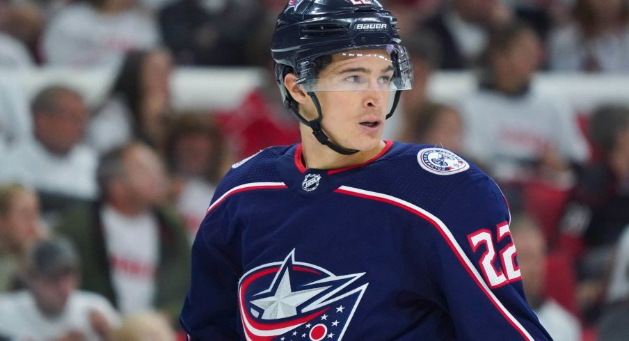 Columbus Blue Jackets left wing Sonny Milano (22) looks on against the Carolina Hurricanes at PNC Arena. The Columbus Blue Jackets defeated the Carolina Hurricanes 3-2. Mandatory Credit: James Guillory-USA TODAY Sports