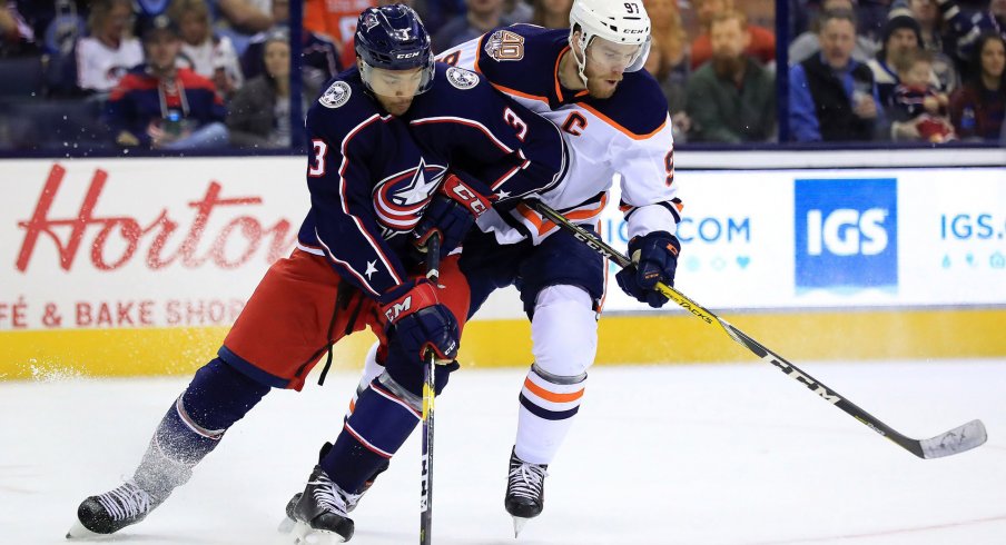 Columbus Blue Jackets defenseman Seth Jones (3) skates against Edmonton Oilers center Connor McDavid (97) in the first at Nationwide Arena.