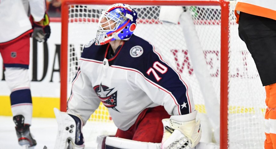 Columbus Blue Jackets goaltender Joonas Korpisalo reacts after giving up a goal to Philadelphia Flyers forward James van Riemsdyk at the Wells Fargo Center in a regular-season matchup during October of 2019.