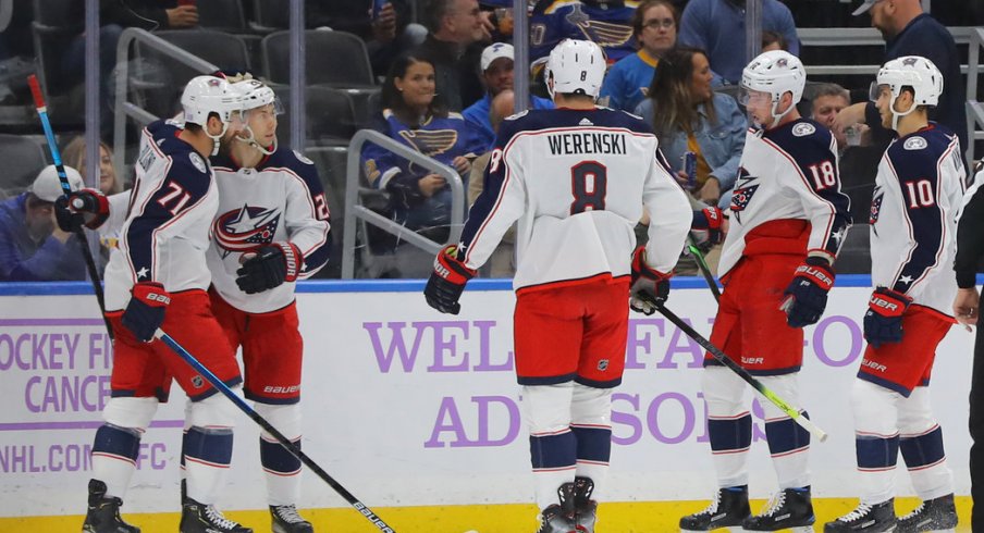 Nov 1, 2019; St. Louis, MO, USA; Columbus Blue Jackets right wing Oliver Bjorkstrand (28) is congratulated by teammates after scoring a goal against the St. Louis Blues during the second period at Enterprise Center. Mandatory Credit: Billy Hurst-USA TODAY Sports