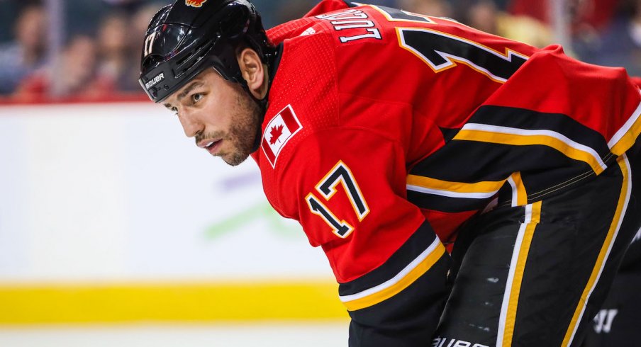 Calgary Flames left wing Milan Lucic (17) during the face off against the Florida Panthers during the second period at Scotiabank Saddledome. 