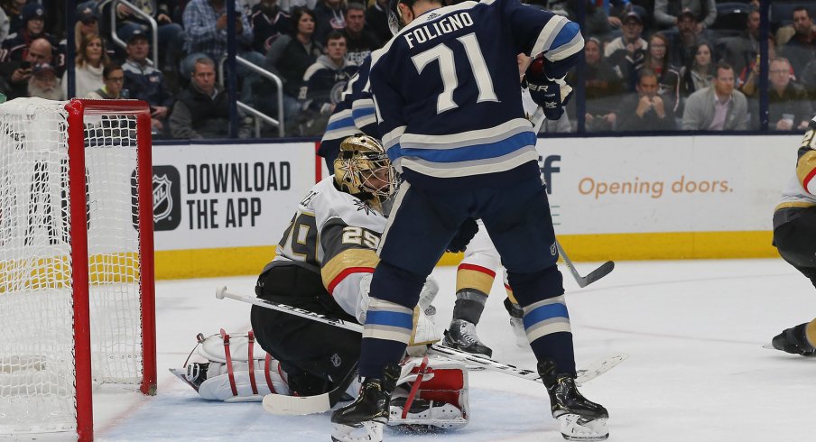 Nov 5, 2019; Columbus, OH, USA; Columbus Blue Jackets left wing Nick Foligno (71) looks for the rebound of a Vegas Golden Knights goalie Marc-Andre Fleury (29) save during the second period at Nationwide Arena. Mandatory Credit: Russell LaBounty-USA TODAY Sports